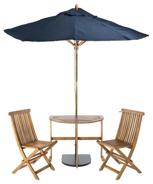 Evert Half Patio Set With Umbrella In Teak Brown And Navy Patio Set With Umbrella In Teak Brown