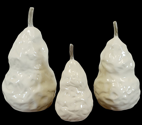 Elegant Ceramic Pear Figurine Set of Three in White with Glossy Finish