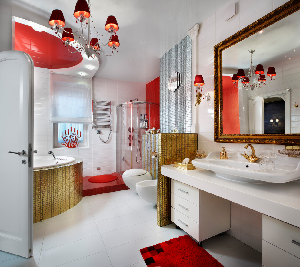Design ideas for a master bathroom in Yekaterinburg with flat-panel cabinets, red tile and a single vanity.
