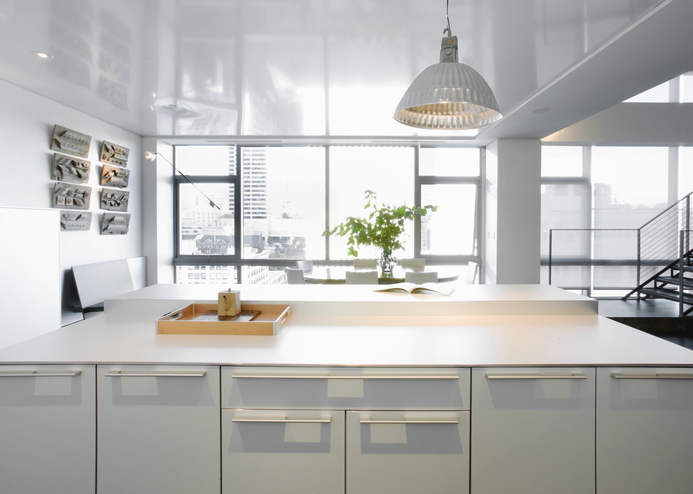 Design ideas for a contemporary kitchen in Seattle with flat-panel cabinets.