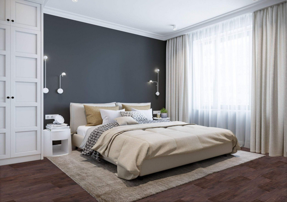 This is an example of an expansive modern bedroom in Brisbane with vinyl floors and decorative wall panelling.