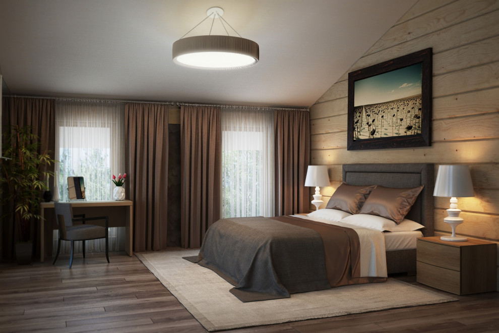Example of a mid-sized trendy guest medium tone wood floor, beige floor and wood wall bedroom design in San Francisco with beige walls