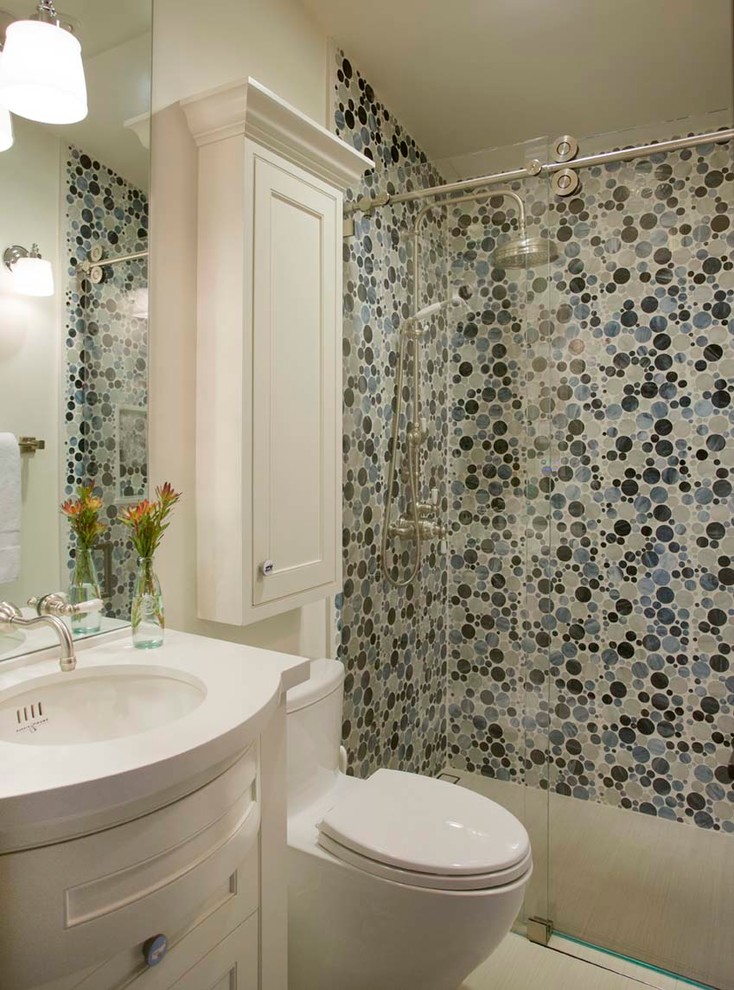 Inspiration for a small country kids bathroom in San Francisco with furniture-like cabinets, white cabinets, an alcove tub, a curbless shower, a one-piece toilet, multi-coloured tile, yellow walls, porcelain floors, an undermount sink and engineered quartz benchtops.