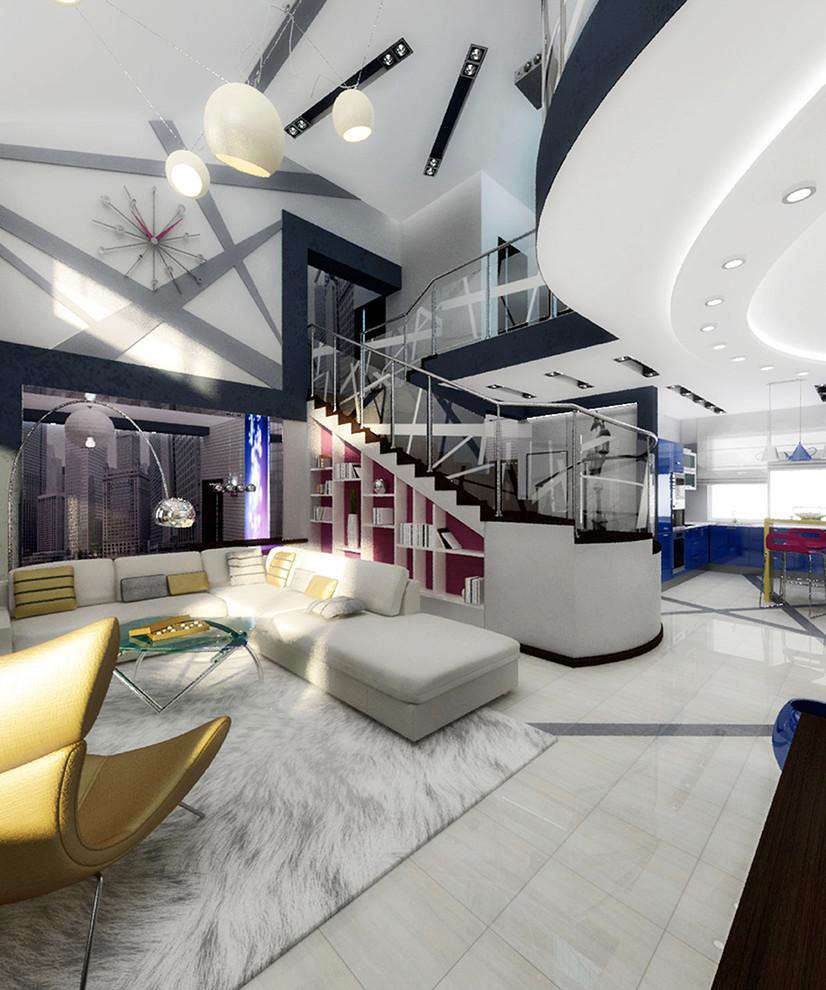 зона гостиной с видом на лестницу и кухню