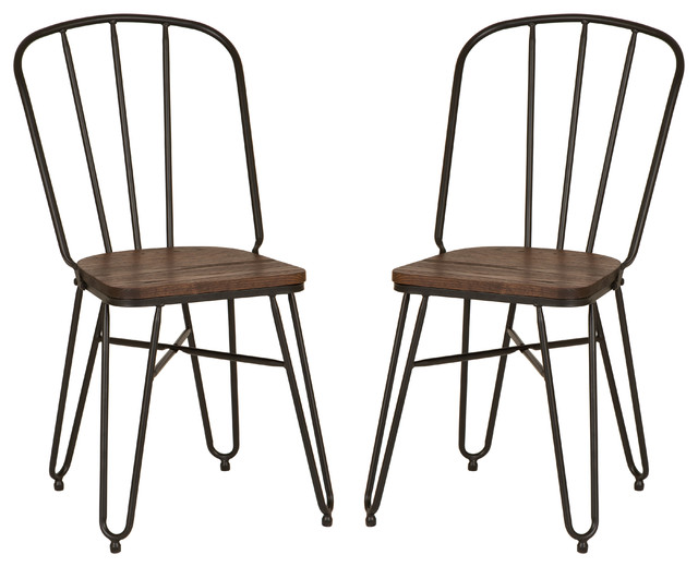Industrial Steel Dining Chair With Elm Wood Seat, Set of 2, 34.25 "H