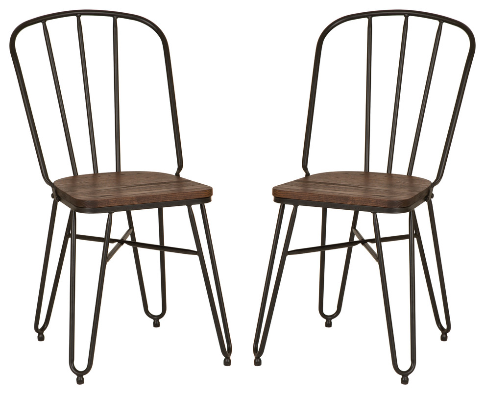 Industrial Steel Dining Chair With Elm Wood Seat, Set of 2, 34.25 "H