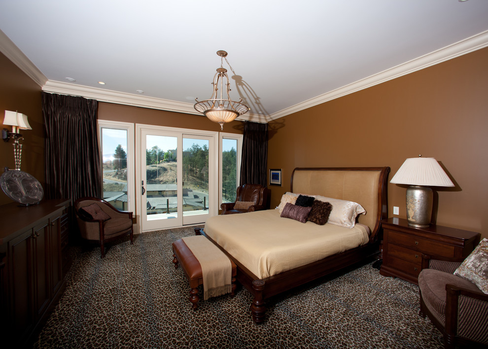 Inspiration for a mid-sized rustic master carpeted and multicolored floor bedroom remodel with brown walls and no fireplace