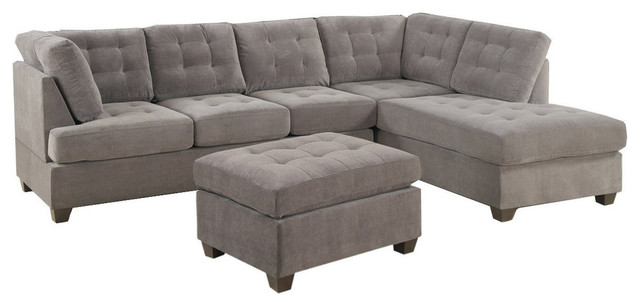Contemporary 3 Piece Gray Sectional Sofa Reversible Chaise With Ottoman