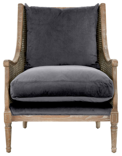 Velvet Upholstery Club Chair With Cane Frame, Shadow Gray Finish