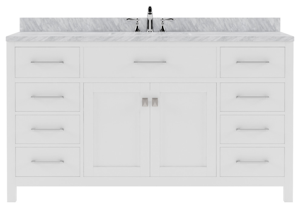 Caroline 60" Bath Vanity, Espresso With White Marble Top and Sink, White