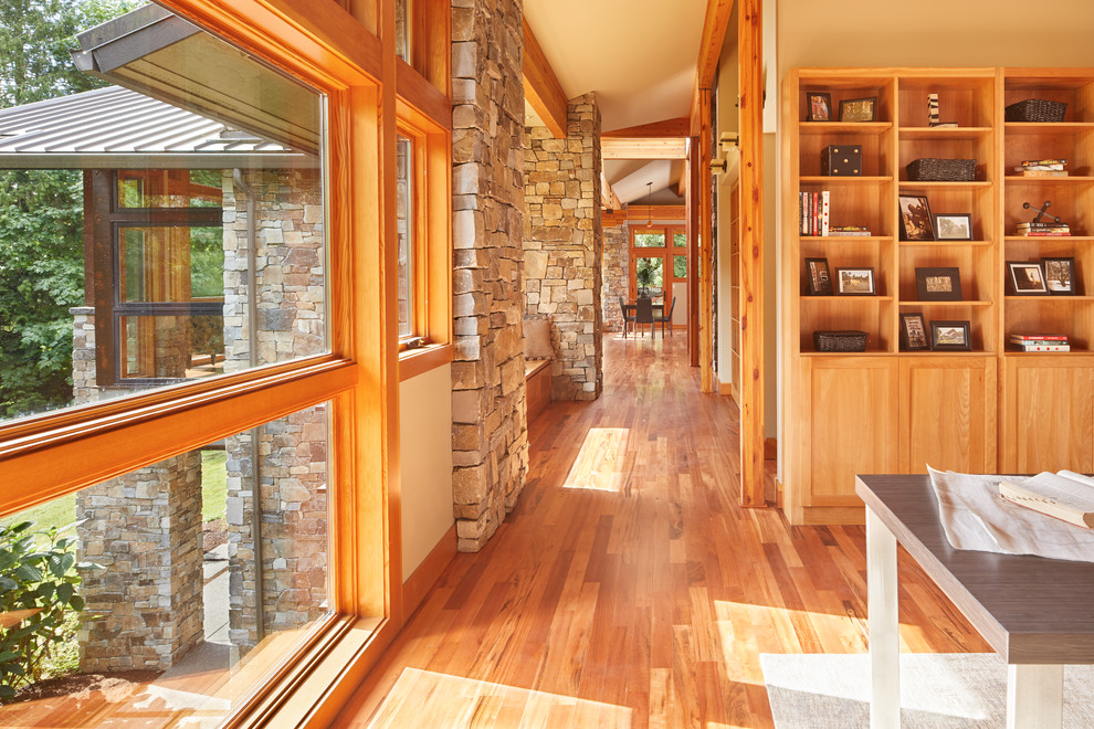 Hallway - rustic medium tone wood floor hallway idea in Seattle