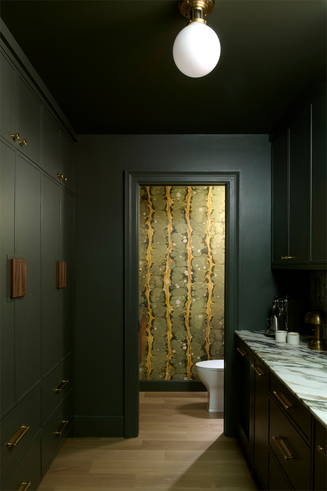Mid-sized transitional light wood floor home bar photo in Philadelphia with marble countertops and stone tile backsplash