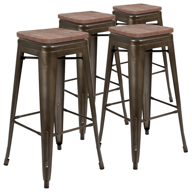30" High Metal Indoor Bar Stool with Wood Seat Stackable Set of 4