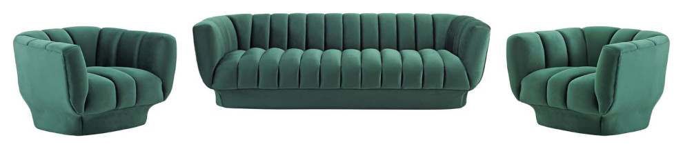 Entertain Vertical Channel Tufted Velvet Sofa and 2 Armchair, Green