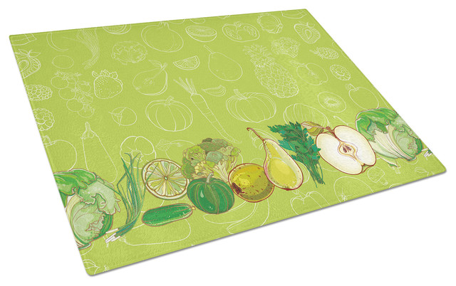 "Fruits and Vegetables In Green Glass Cutting Board, Large"