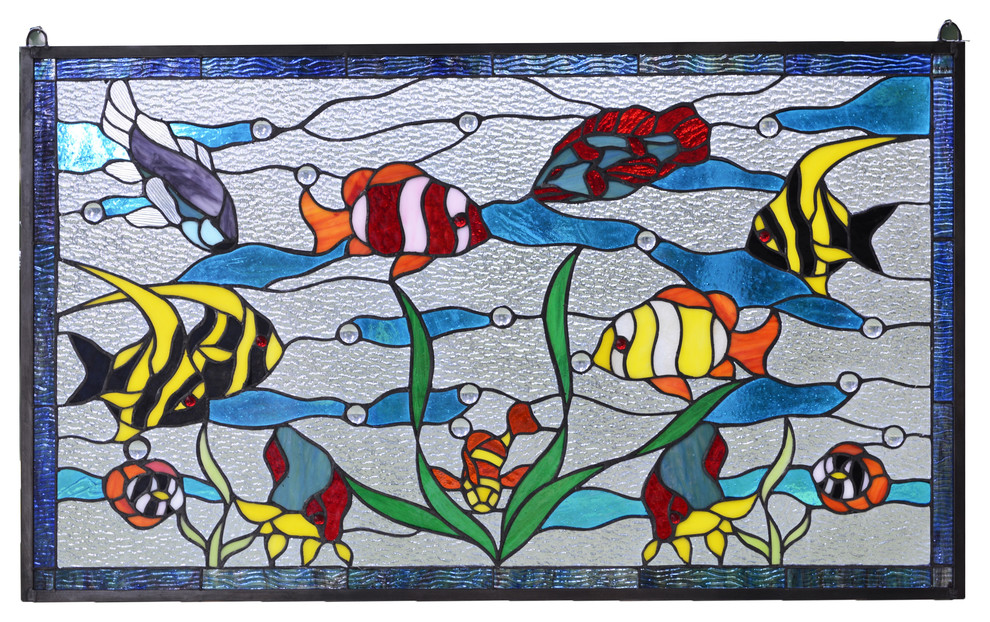 Fish under the Sea Handcrafted stained glass clear window panel. 34.5" x 20.5" Beach Style