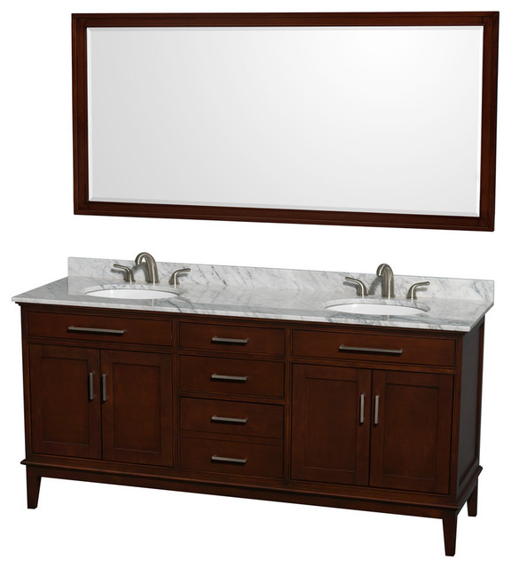 Hatton 72" Dark Chestnut Double Vanity, White Carrera Marble Top, Oval