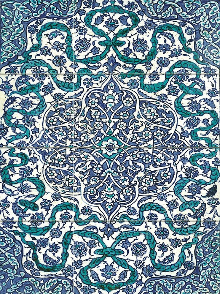 32"x24" Turkish Iznik Carnation & Daisy Pattern Border Ceramic Tile Mural Panel 