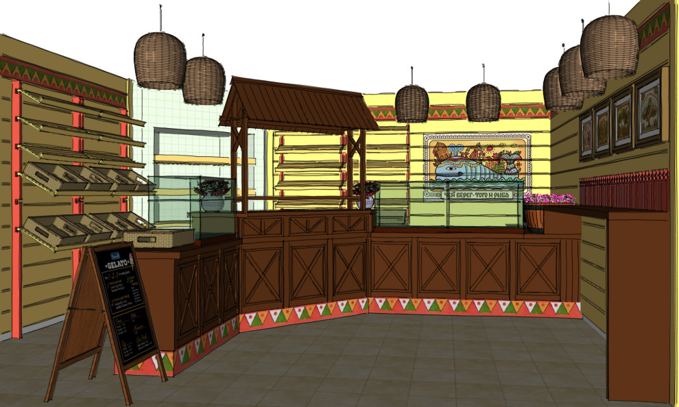 Эскиз торгового зала мини-пекарни в лубочном стиле.