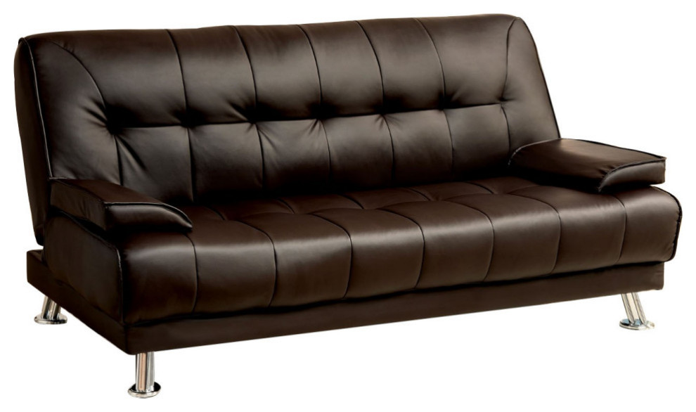 Faux Leather Futon Sofa With Chrome Legs, Dark Brown Contemporary