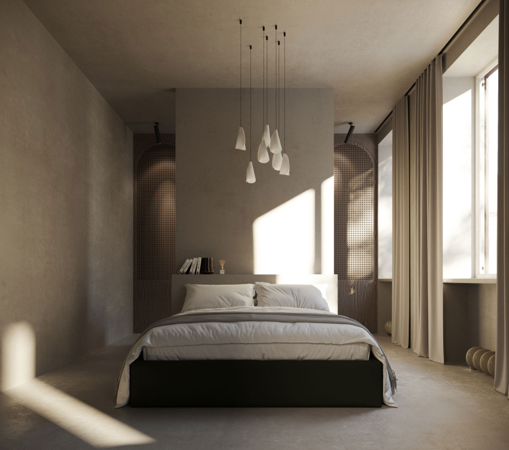 Свежая идея для дизайна: большая хозяйская спальня в скандинавском стиле с бежевыми стенами - отличное фото интерьера