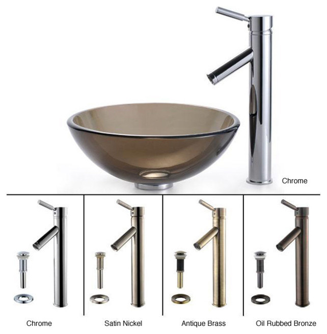 Kraus C-GV-103-14-12mm-1002CH Clear Brown 14" Glass Vessel Sink & Sheven Faucet