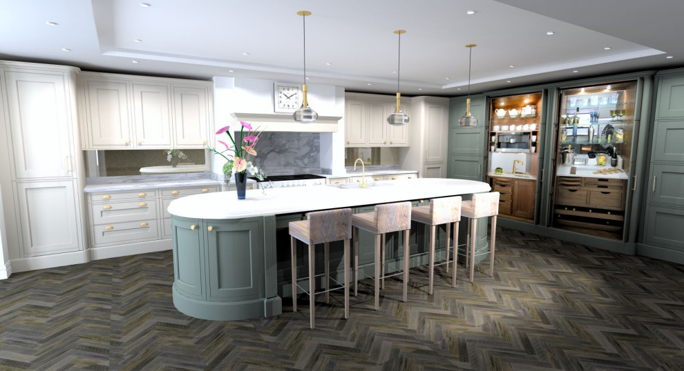 Design ideas for a large traditional l-shaped eat-in kitchen in Berkshire with an integrated sink, shaker cabinets, green cabinets, quartzite benchtops, grey splashback, stone slab splashback, black appliances, dark hardwood floors, a peninsula, brown floor, white benchtop and coffered.
