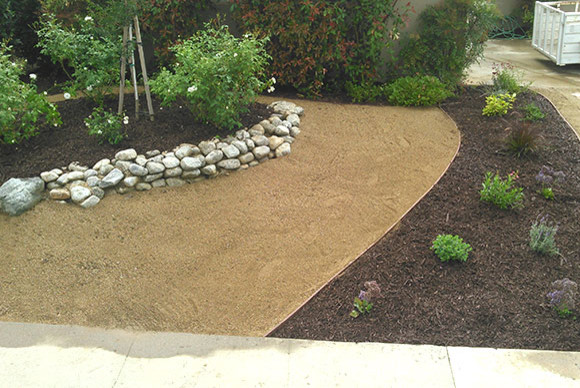 This is an example of a mid-sized transitional front yard partial sun garden in Los Angeles with a garden path and mulch.
