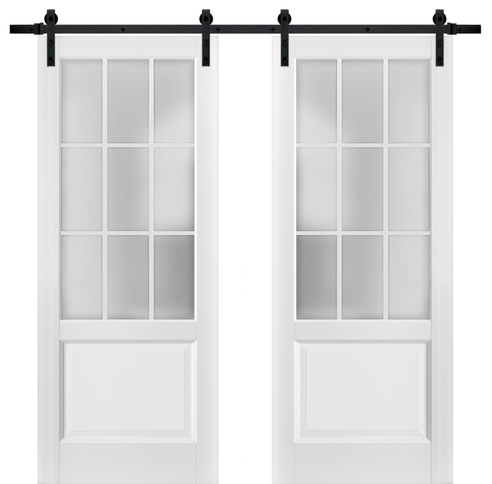 Double Barn Door & Glass | Felicia 3309 Matte White | 13FT Rail, 48" X 80"