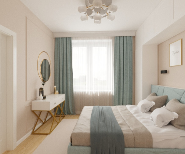 Спальня в бежево-голубых тонах