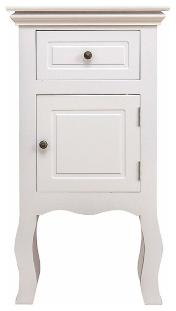 Bedside Table, White Finished Wood With Curved Legs, Door and Storage Drawer