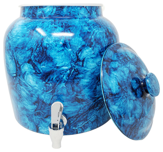 Porcelain Beverage Dispenser With Lid, 2.5 Gallon, Dark Blue Marble