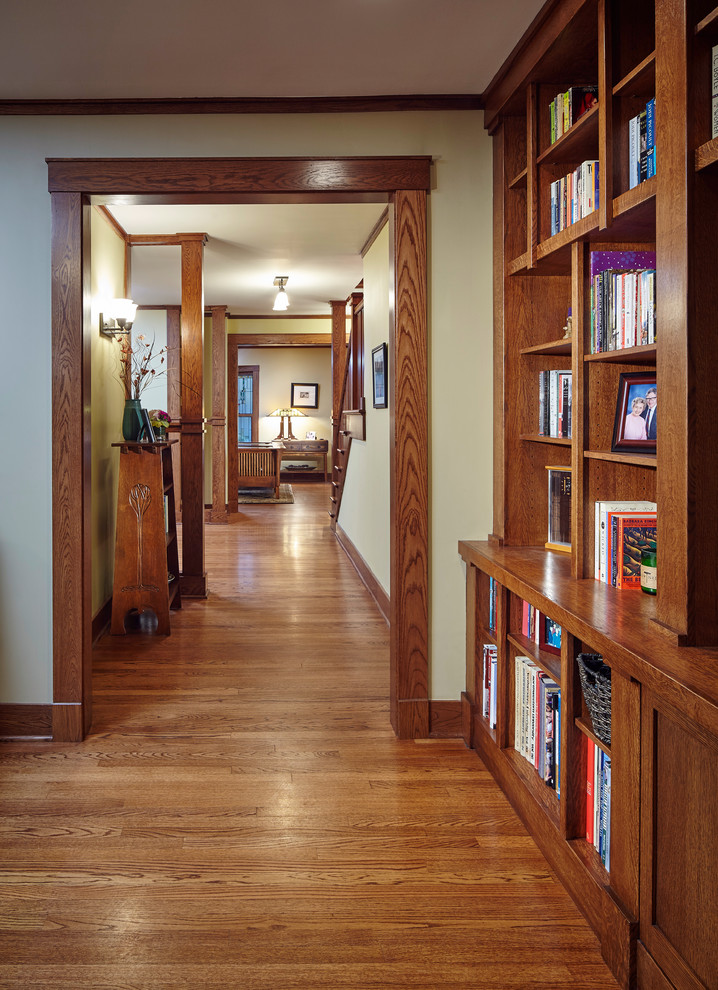 Inspiration for an arts and crafts hallway in Chicago with medium hardwood floors.