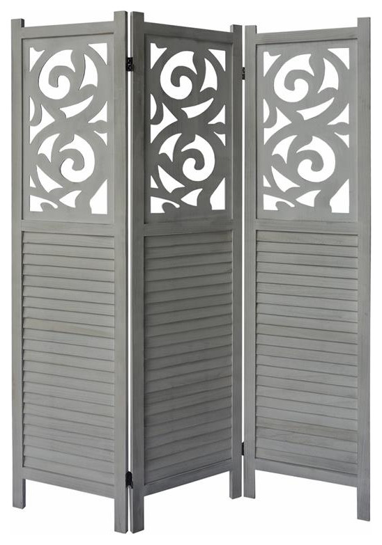 67 Inch Paulownia Wood Panel Divider Screen3 PanelsWashed White