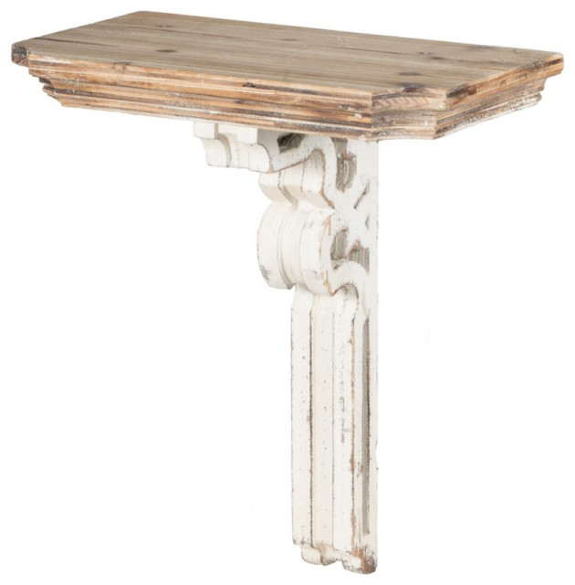 22" White and Brown Antique Finish Contemporary Wall Shelf French