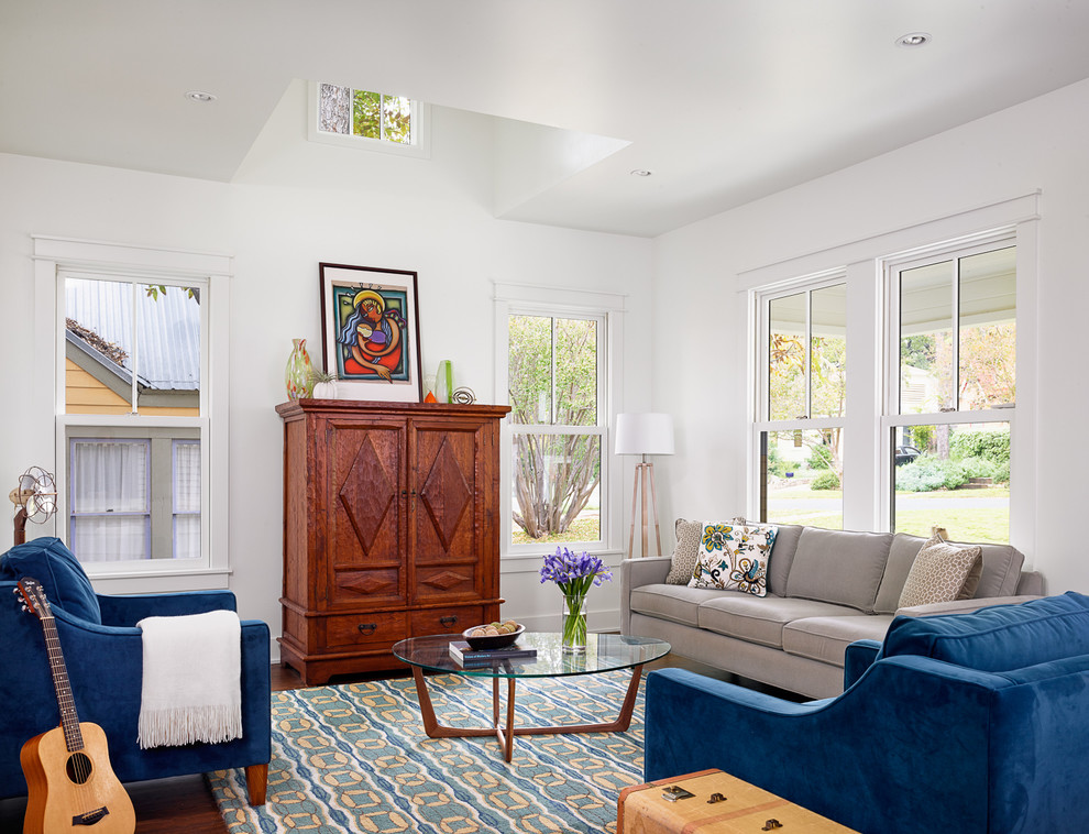 Cottage dark wood floor living room photo in Austin with white walls, no fireplace and no tv