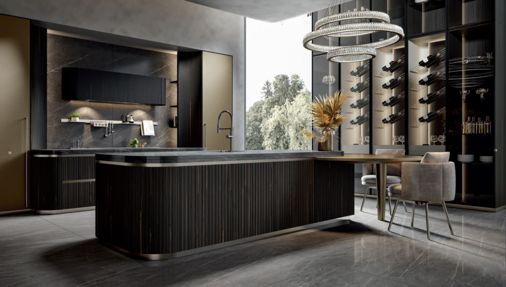 Large contemporary kitchen in Dresden with with island.