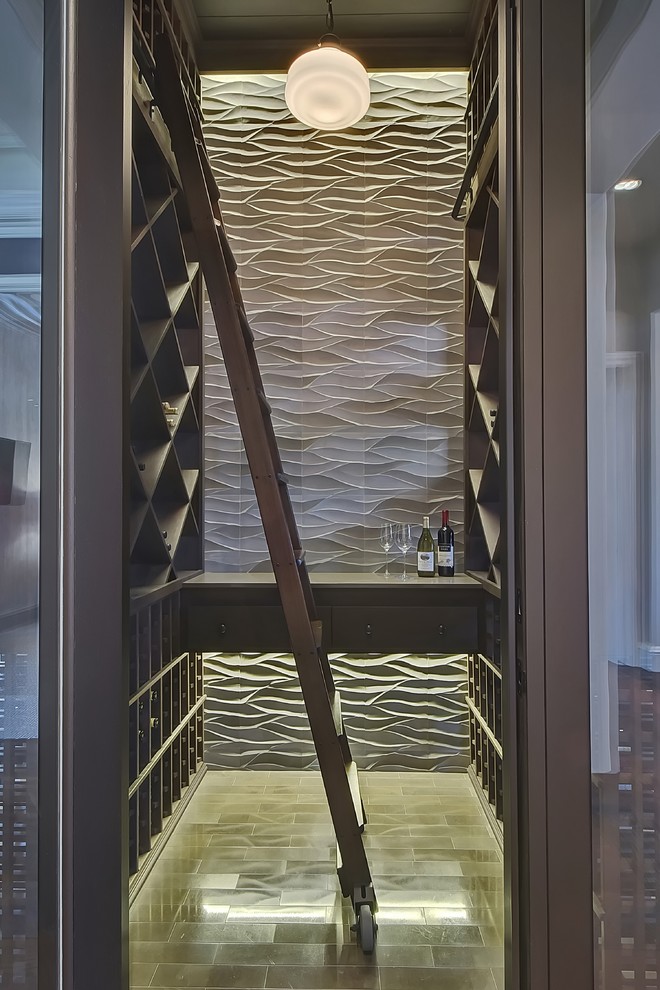 Photo of an expansive transitional wine cellar in Miami with porcelain floors and diamond bins.