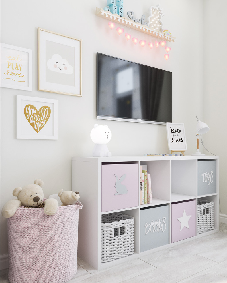 Mid-sized scandinavian kids' bedroom in Other with white walls, laminate floors and grey floor for kids 4-10 years old and girls.