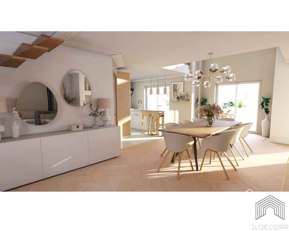 На фото: гостиная-столовая среднего размера в стиле неоклассика (современная классика) с белыми стенами, мраморным полом, подвесным камином, белым полом и многоуровневым потолком