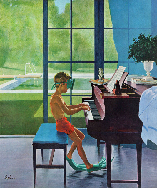 "Poolside Piano Practice" Art Print, 76x91 cm