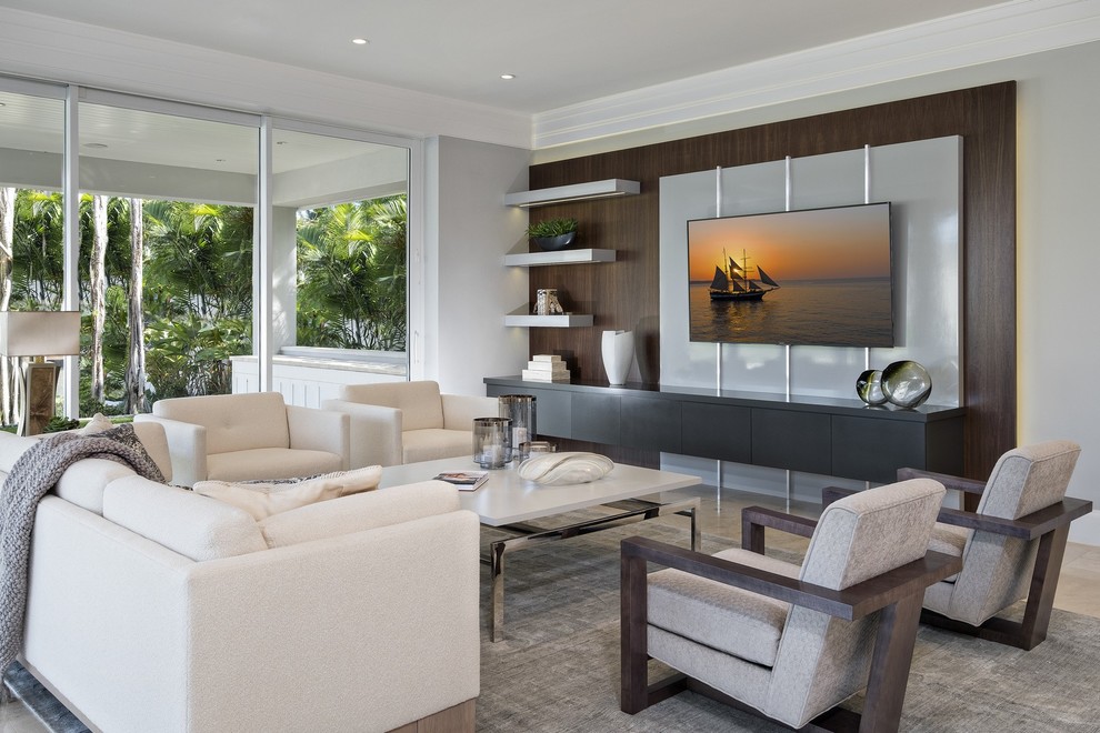 Contemporary enclosed living room in Miami with grey walls and a built-in media wall.