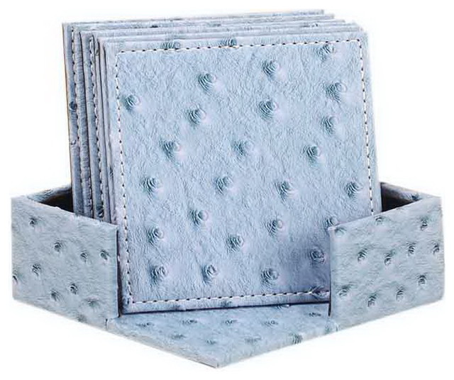 Set of 6 Imitation Leather Coasters Square Table Mats Light Blue