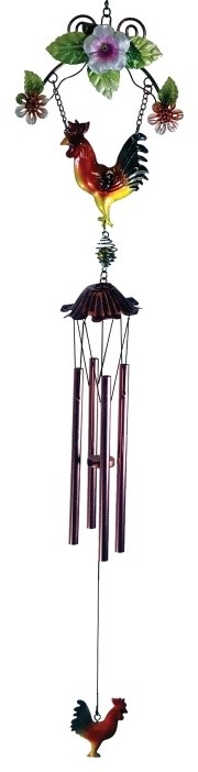 32 Inch Two Sided Poly Resin Floral Wind Chime with Rooster Center