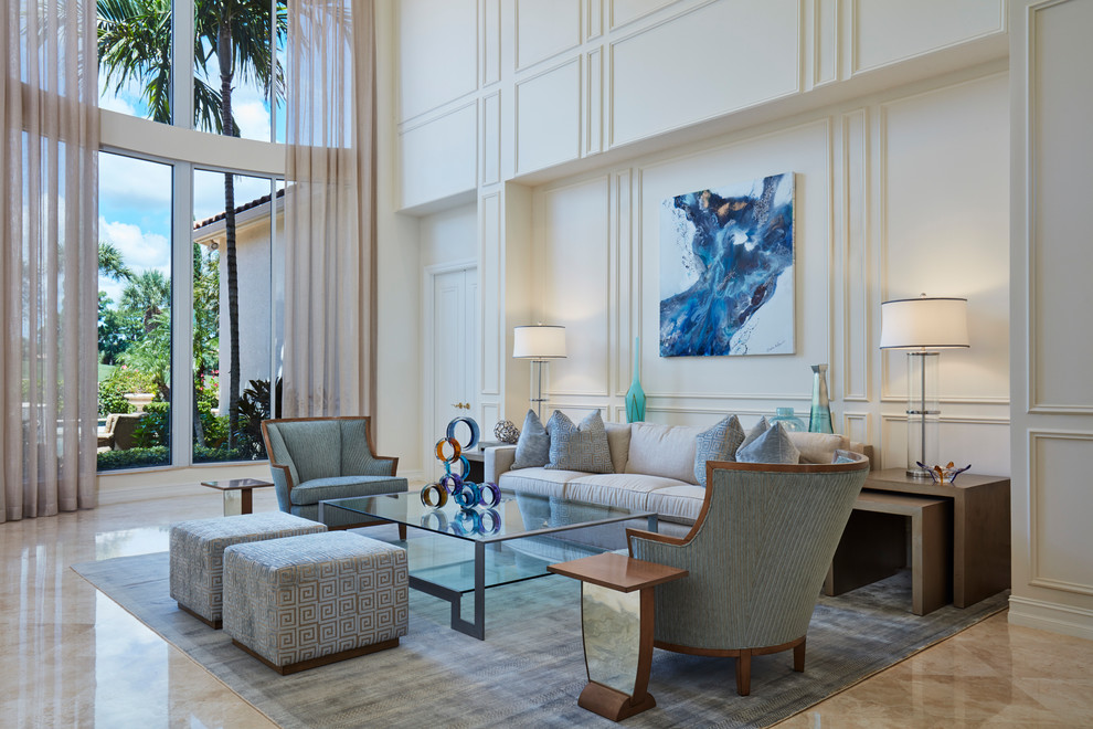 Huge transitional open concept beige floor and marble floor living room photo in Miami with white walls and no tv