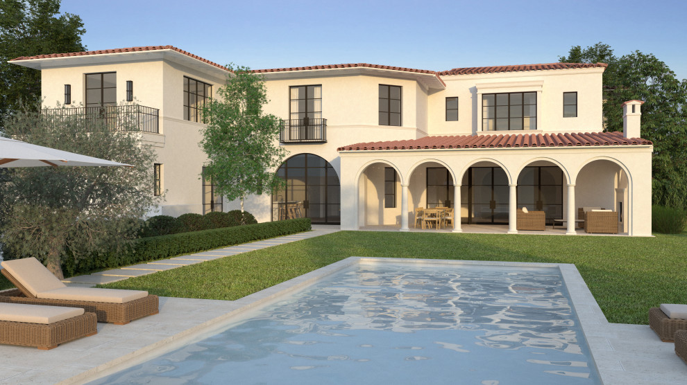Geräumiges, Zweistöckiges Mediterranes Einfamilienhaus mit Putzfassade, weißer Fassadenfarbe, Walmdach, Ziegeldach und rotem Dach in Los Angeles