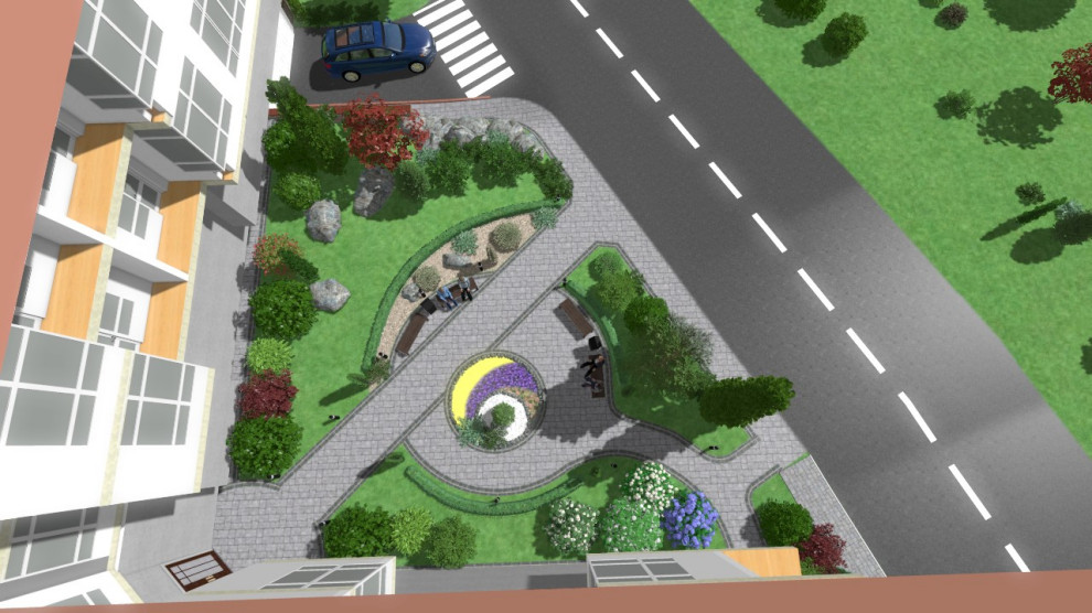 Входная группа многоквартирного дома с детской площадкой