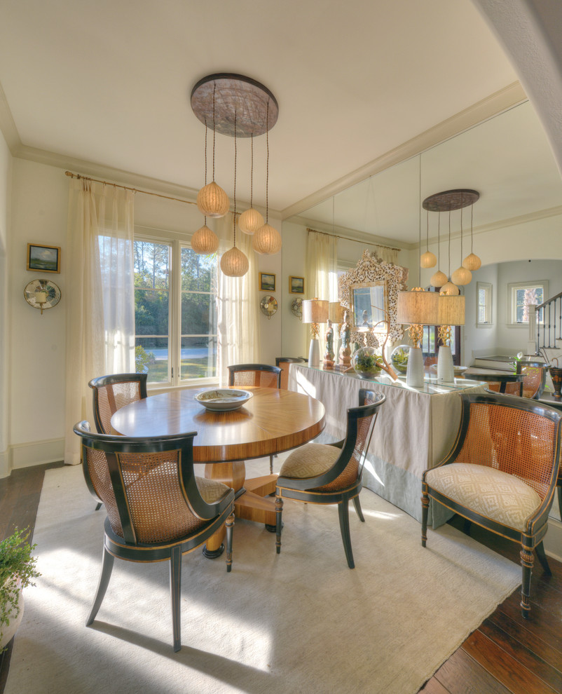 Photo of a beach style dining room in Jacksonville with white walls and dark hardwood floors.