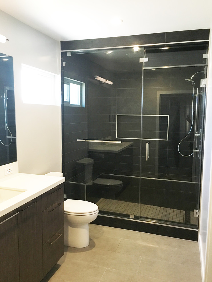 Mid-sized contemporary bathroom in Los Angeles with gray tile, porcelain tile, grey walls, porcelain floors, an undermount sink, engineered quartz benchtops and with a sauna.