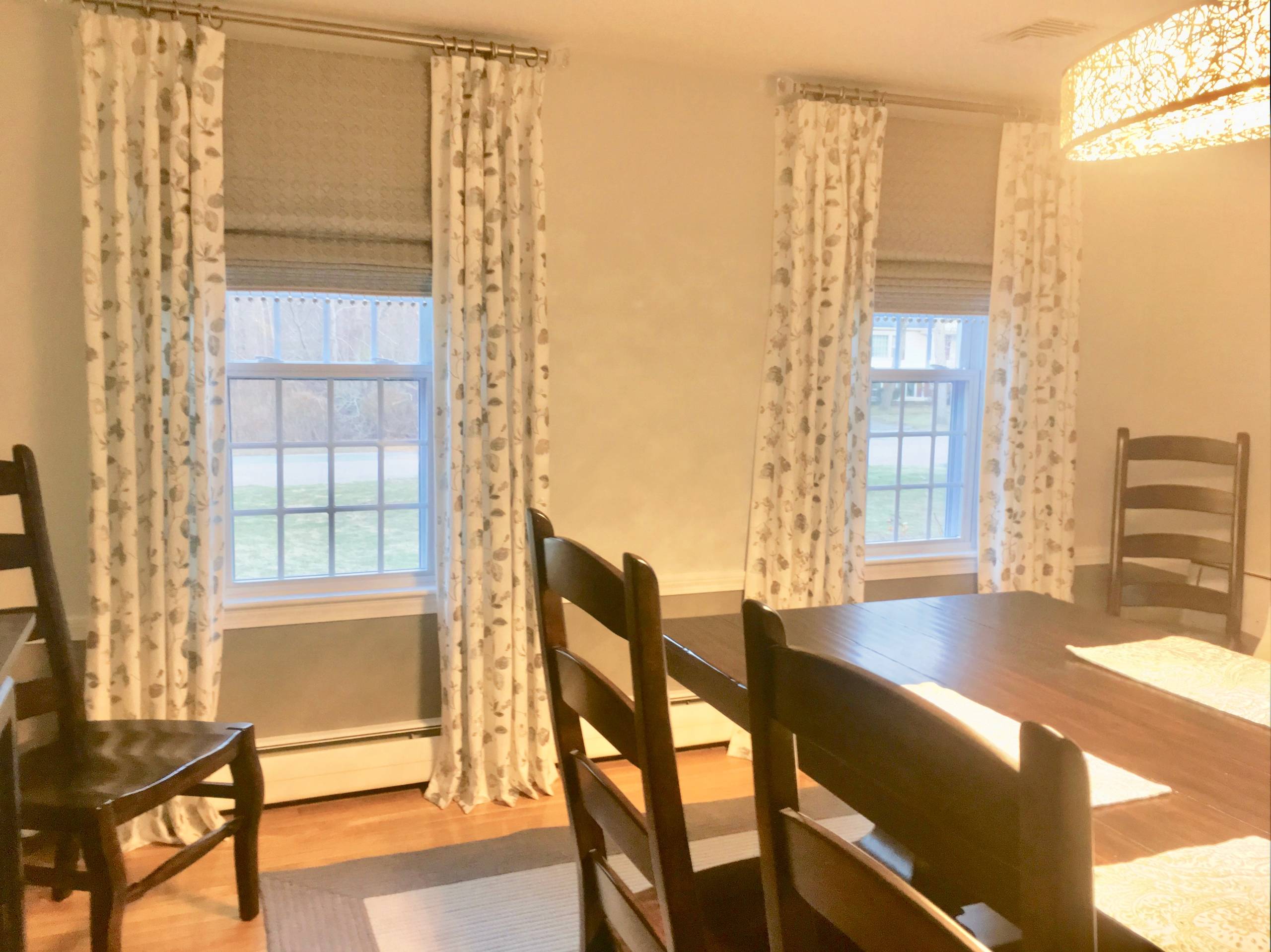 Draperies and Roman shades in Wickford Dining Room